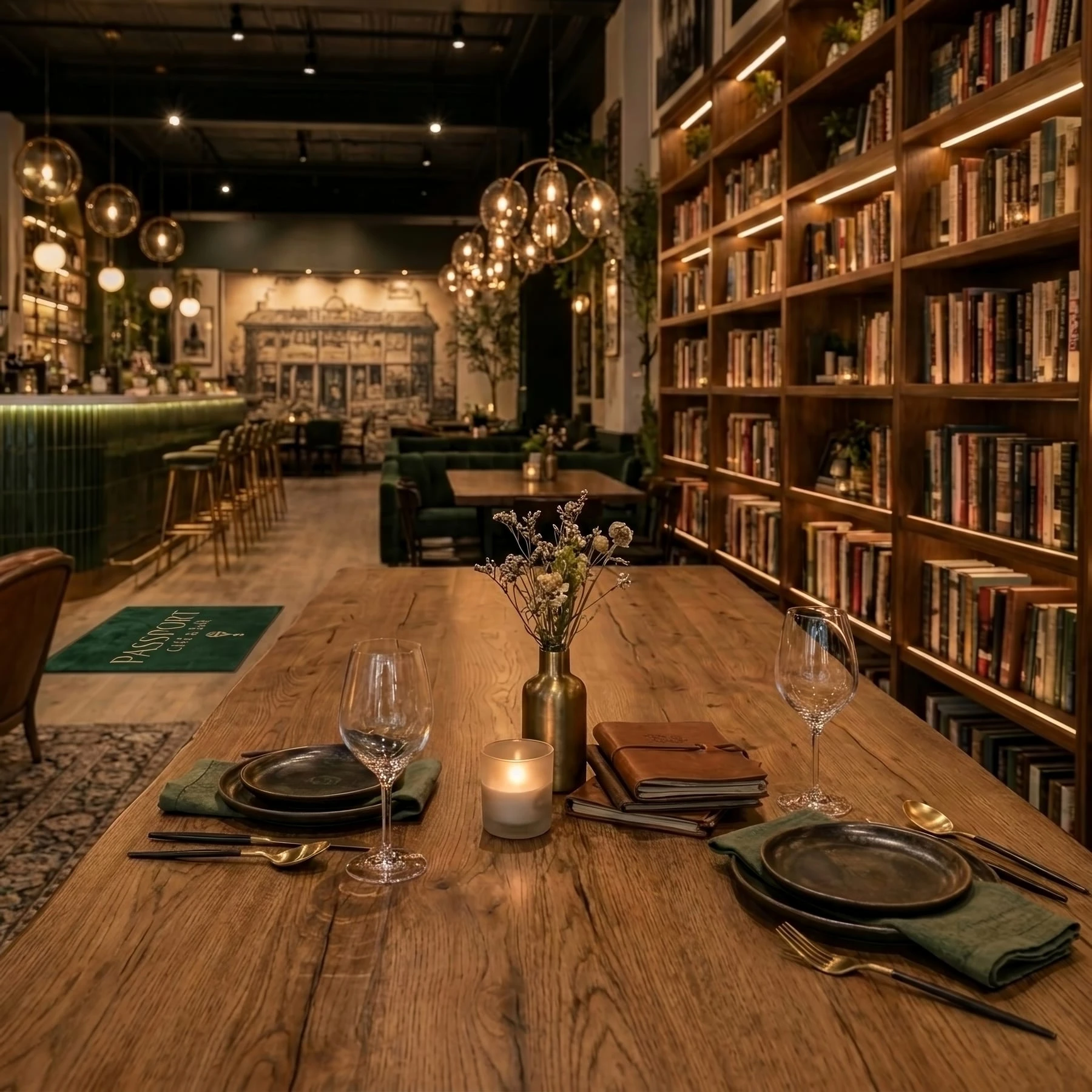 Communal table at Passport Café & Bar